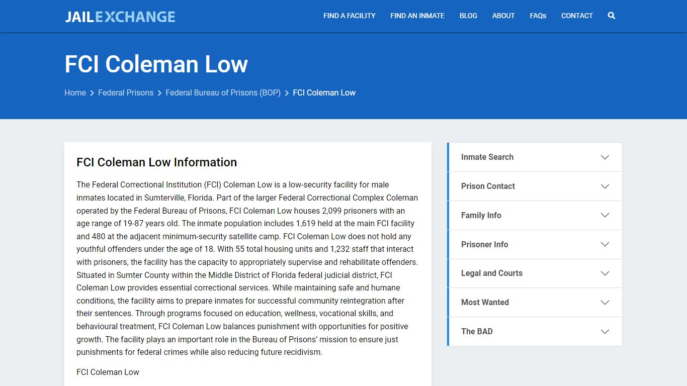 Federal Inmate Search - FCI Coleman Low - Jail Exchange