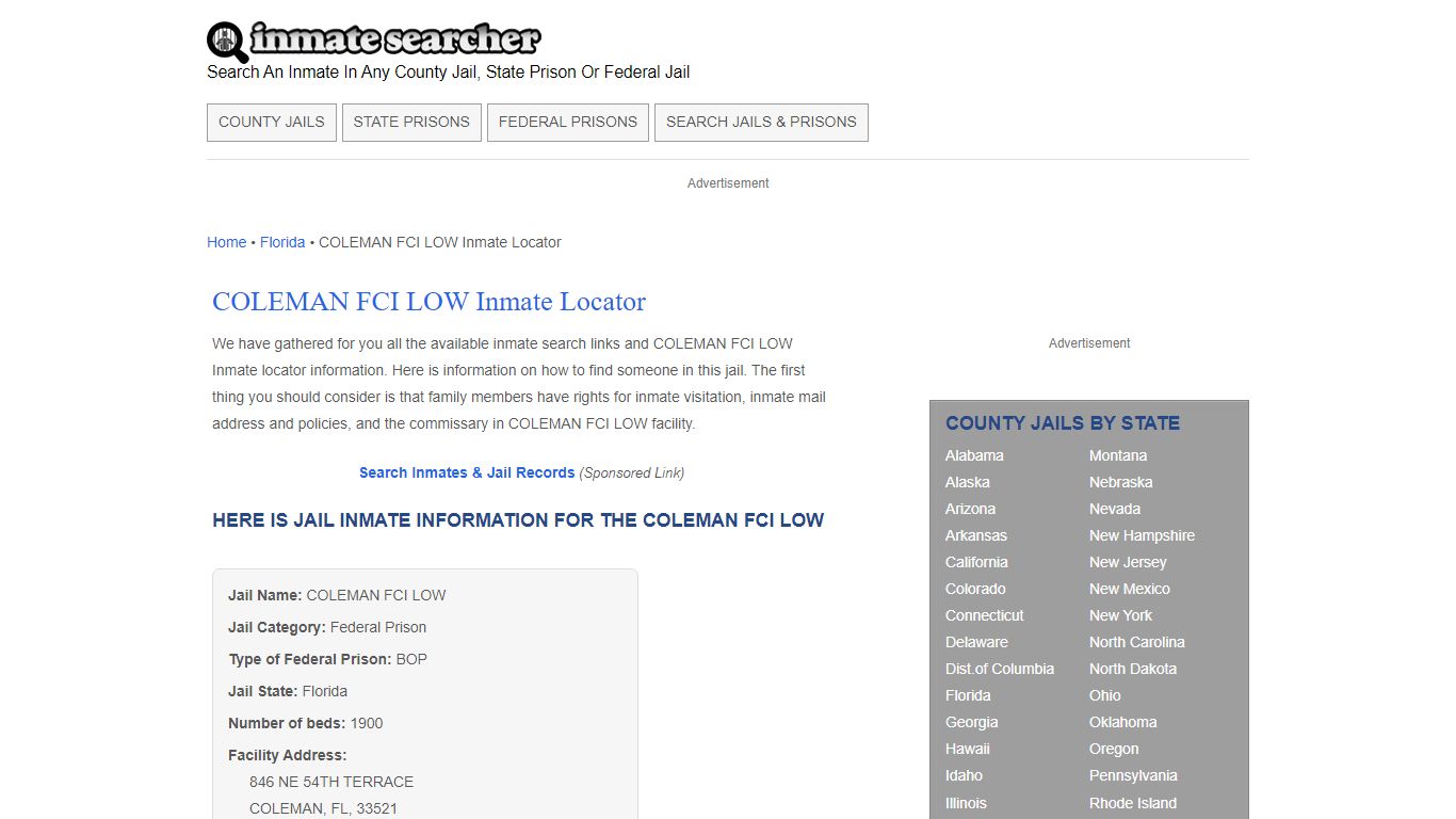 COLEMAN FCI LOW Inmate Locator - Inmate Searcher