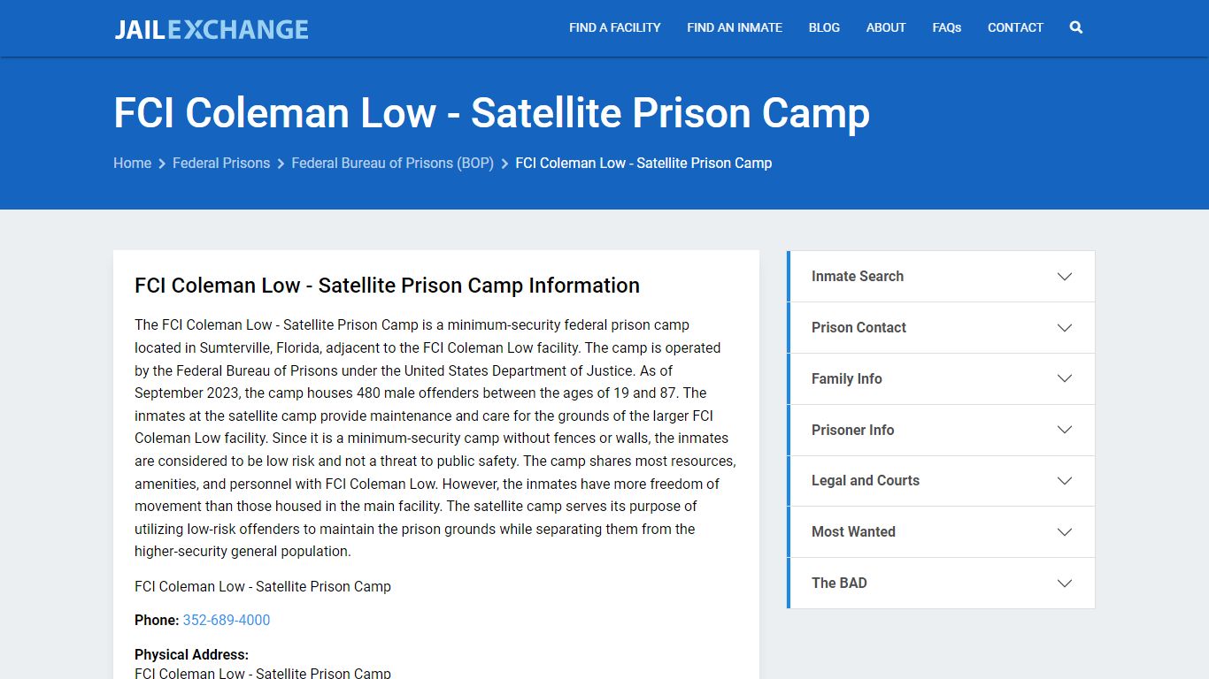 Federal Inmate Search - FCI Coleman Low - Jail Exchange
